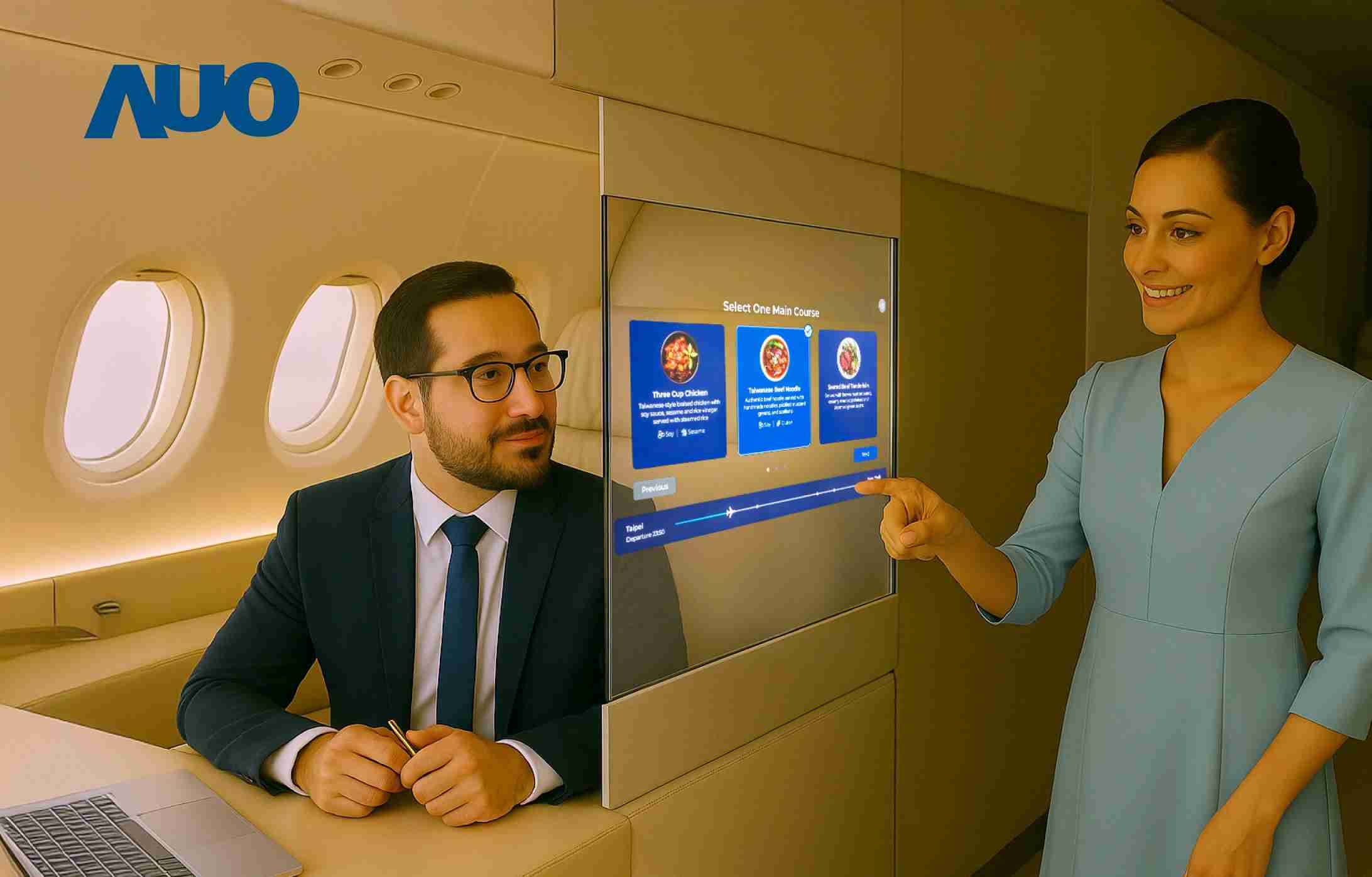 龙门国际研发全球最薄17.3 吋双面透明 Micro LED 显示器，，可在同一屏幕之双边投射不同信息，，，，创造独特的”透明化”互动；图为实时翻译交流应用情境